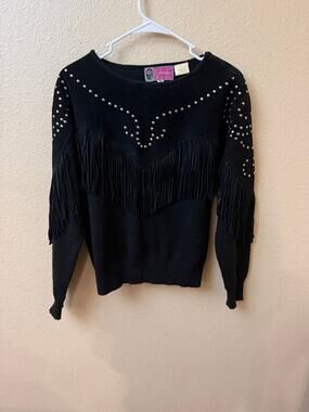 Vintage Cameo Rose 100% Genuine leather fringe western sweater studs festival M